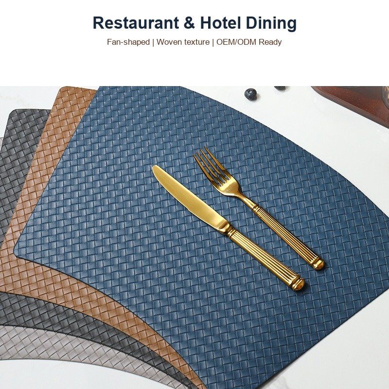 Custom Blue Fan-Shaped Leather Placemat detail