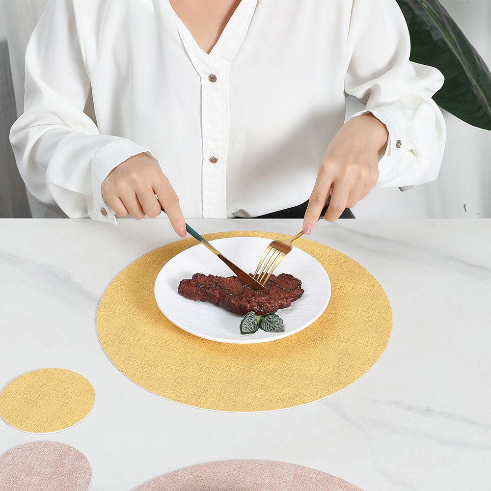 Custom Two-Tone Woven Round Leather Placemat detail