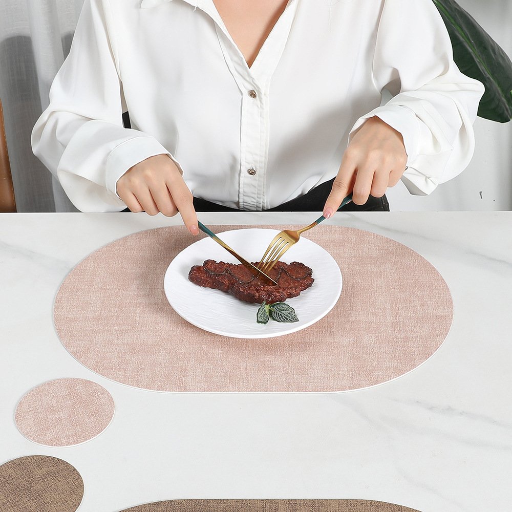 Custom Two-Tone Woven Oval Leather Placemat detail
