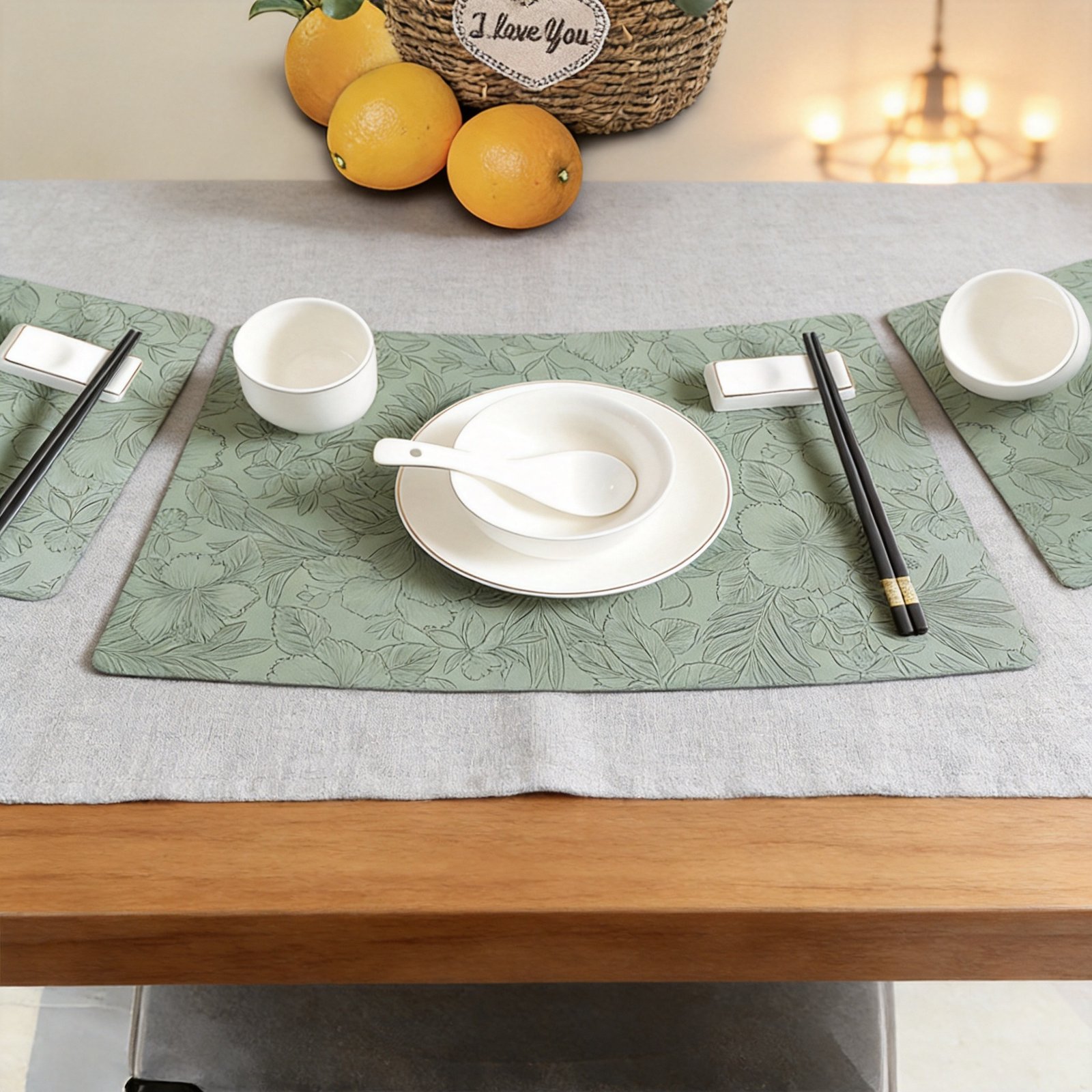 Custom Vintage Embossed Floral Fan-Shaped Leather Placemat detail