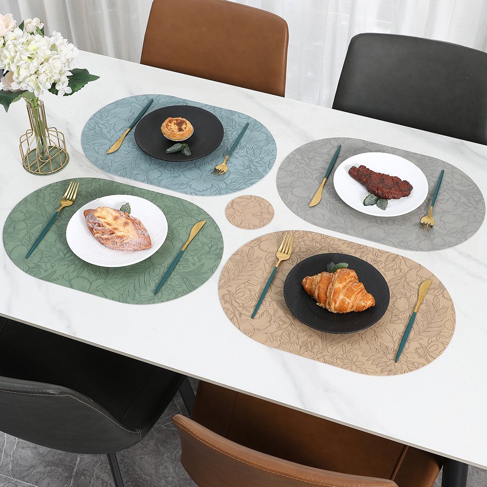 Custom Embossed Floral Oval Leather Placemat detail