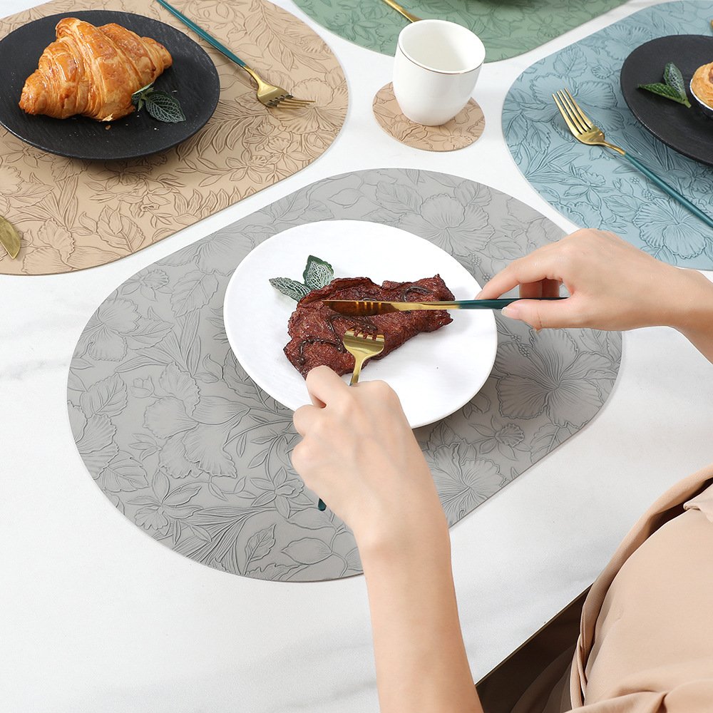 Custom Embossed Floral Oval Leather Placemat detail