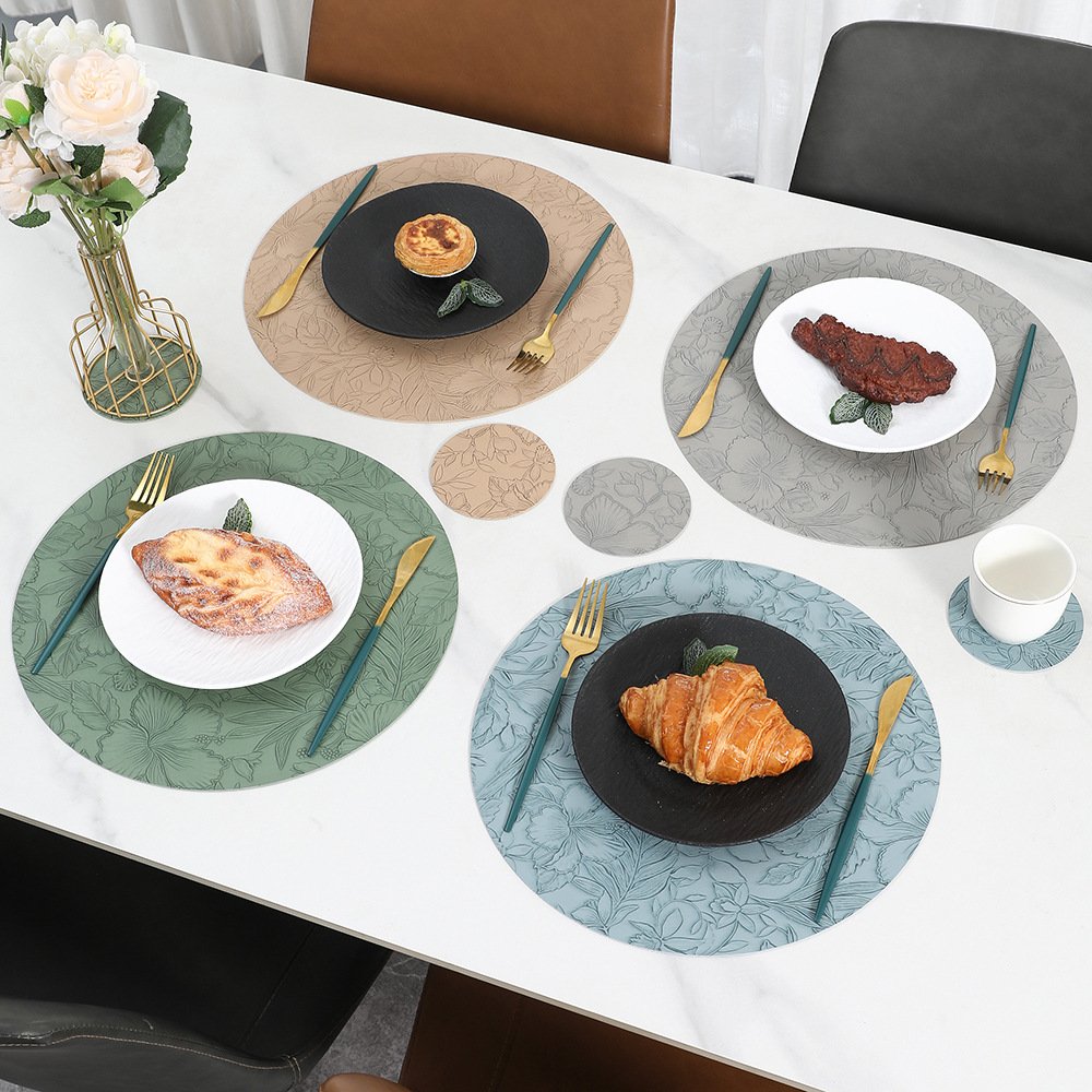 Custom Embossed Floral Round Leather Placemat detail
