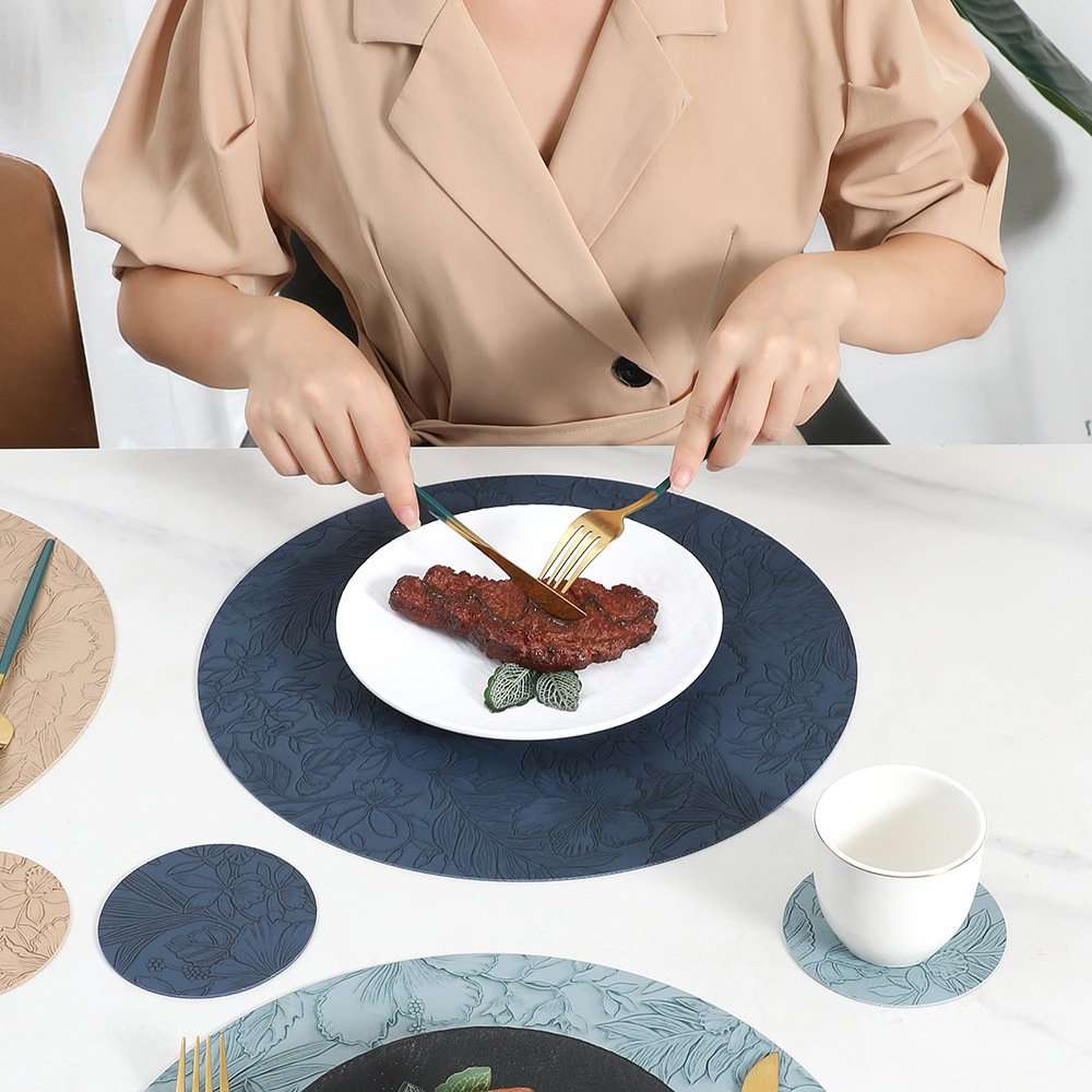 Custom Embossed Floral Round Leather Placemat detail