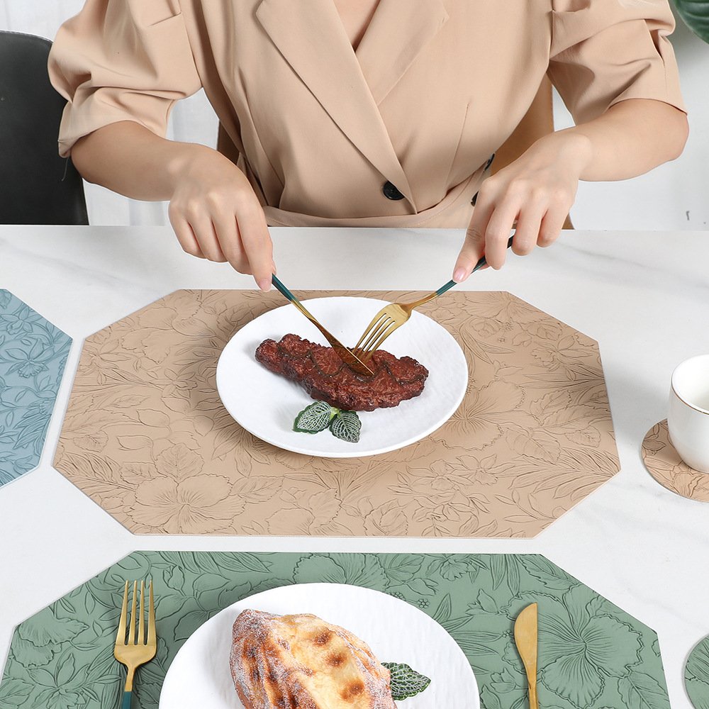 Custom Embossed Floral Chamfered Leather Placemat detail